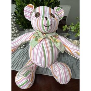 Teddy Bear Vintage Handmade 9"Pink Green Orange Stripes -  Great Used condition!